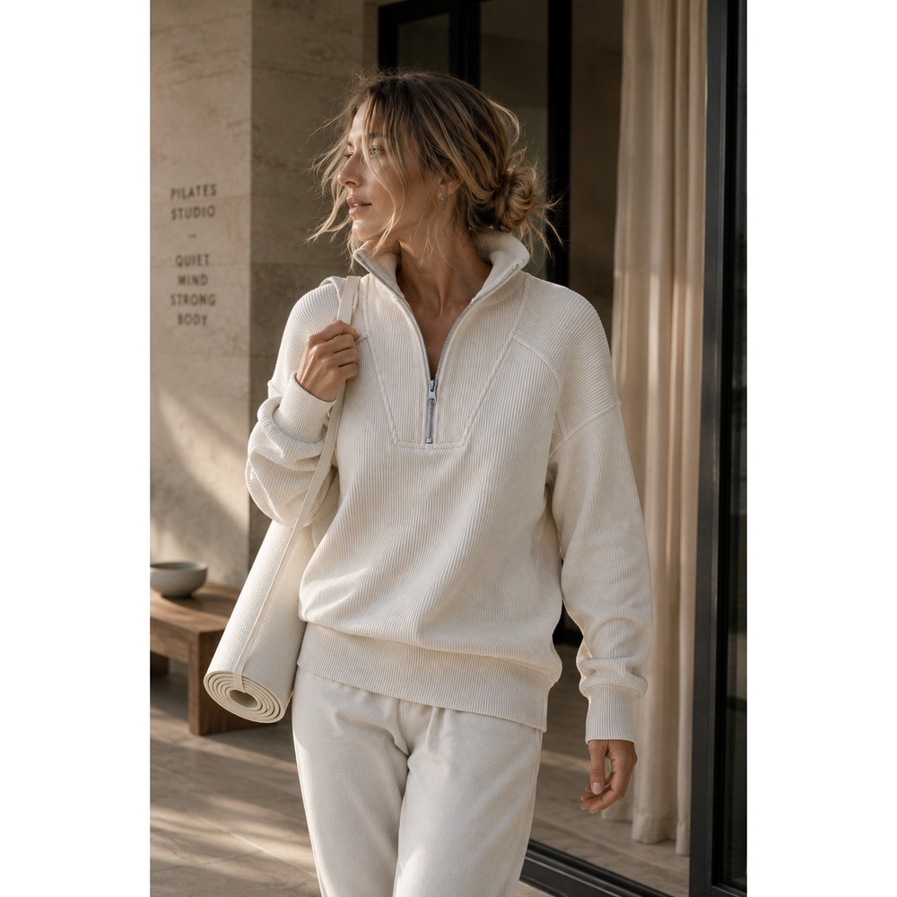 Varley Rhea Ottoman Ivory Ribbed Quarter Zip Pullover Relaxed Size S‎